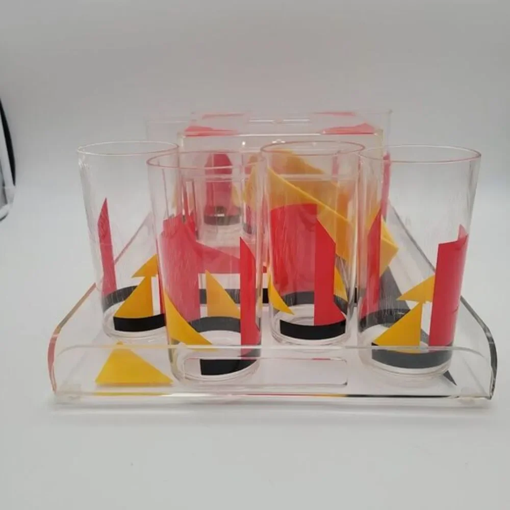 VTG 10pc Acrylic‎ Art Deco Ice Bucket High Ball Tumblers & Serving Tray